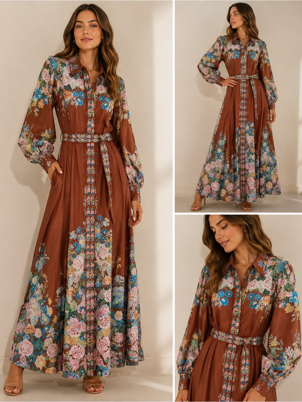 Floral Brown Maxi Shirt Dress with Waist Tie